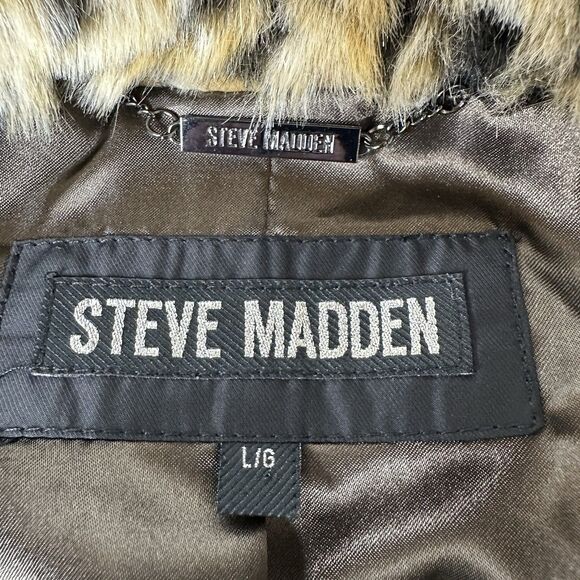 Steve Madden Leopard Print Jacket Womens Sz L Faux Fur Mob Wife Glamorous - Picture 5 of 16